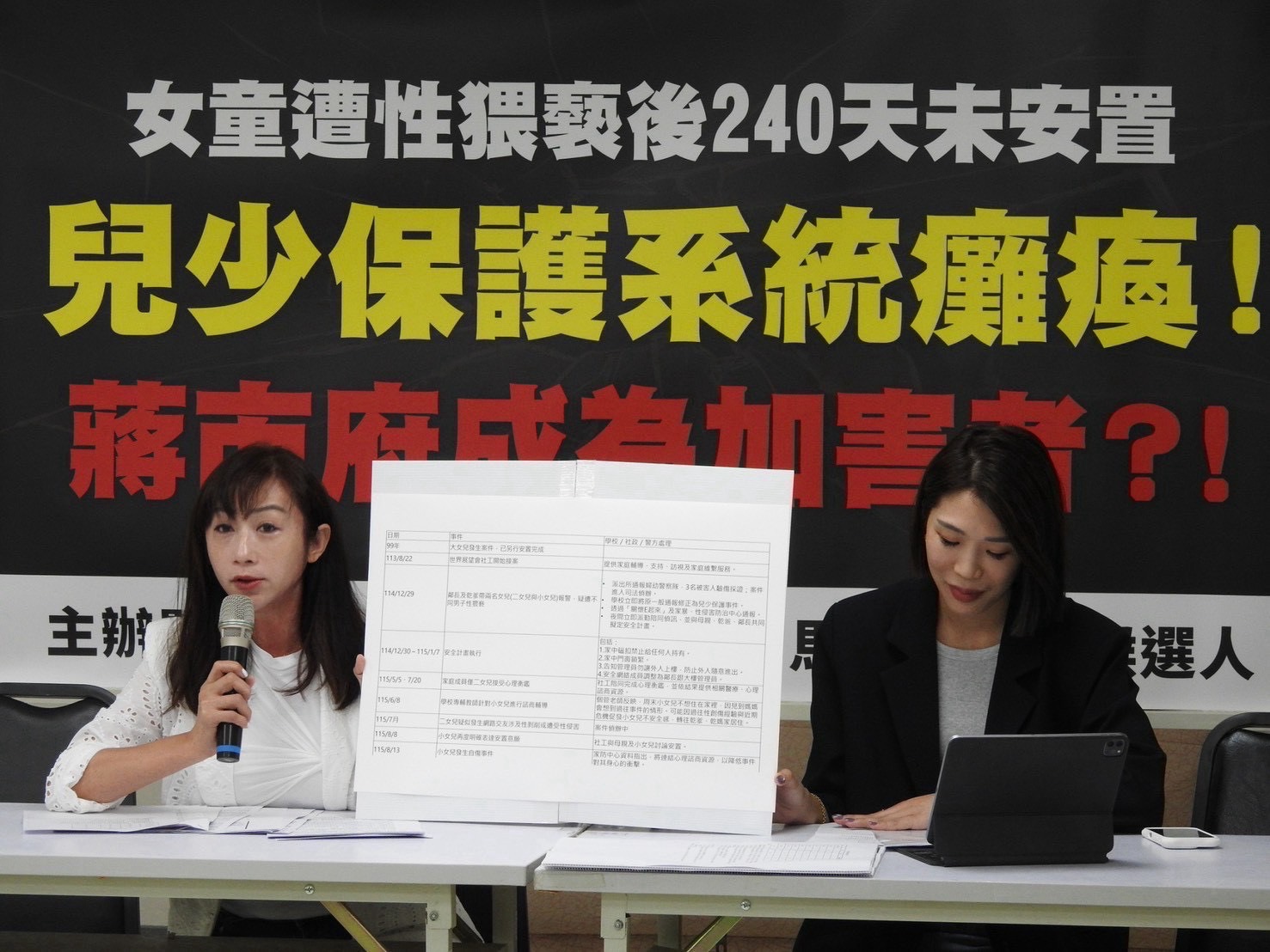 許淑華於記者會公布案件處理時序,質疑女童多次發出求救訊號,相關安置程序仍未完成,要求市府全面檢討風險評估及危機介入機制。(圖/許淑華議員提供)