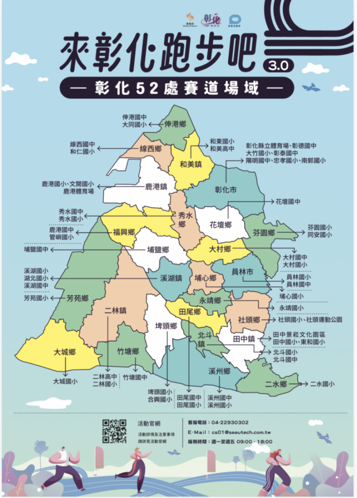 「來彰化跑步吧！3.0」規劃彰化縣52處賽道場域，結合科技應用推廣全民運動。（圖／彰化縣政府提供）