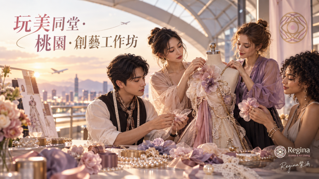 以桃園國際門戶與青年時尚創作為視覺概念,呈現「玩美同堂・桃園・創藝工作坊」從芳香氛圍、多元材質延伸至跨文化創意交流的活動定位。(圖片提供/Regina Aroma & Art Living;AI生成示意圖)