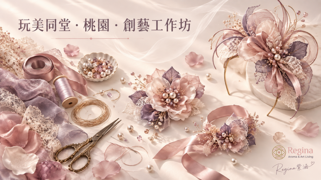 「花漾飾界」以布質花瓣、蕾絲、緞帶、珠飾與金屬線材等多元媒材,呈現從材料探索、手作飾品到時尚造型創作的發展過程。(圖片提供/Regina Aroma & Art Living;AI生成示意圖)