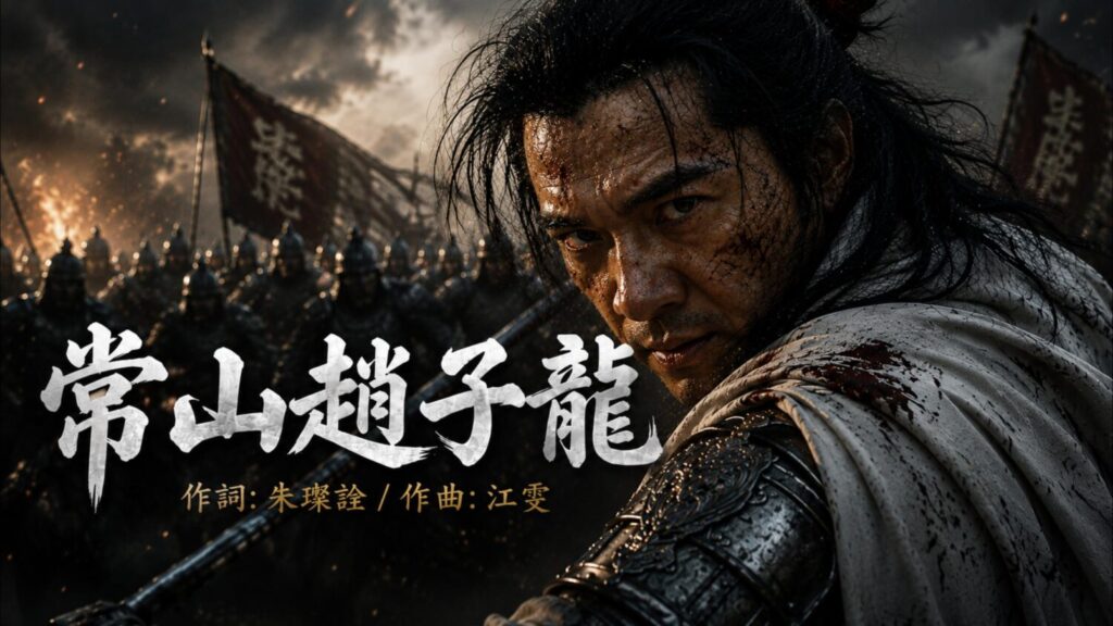 《常山趙子龍》國語版AI影音MV，以電影化影像重現趙子龍銀甲白袍、策馬沙場的英雄氣勢。（圖／記者林家嘉翻攝）