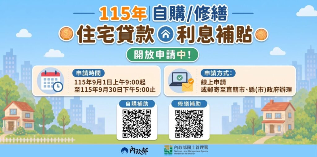 內政部國土管理署提醒，115年自購住宅及修繕住宅貸款利息補貼自9月1日起受理申請，至9月30日下午5時截止，民眾可採線上或郵寄方式辦理。（圖／內政部國土管理署提供）