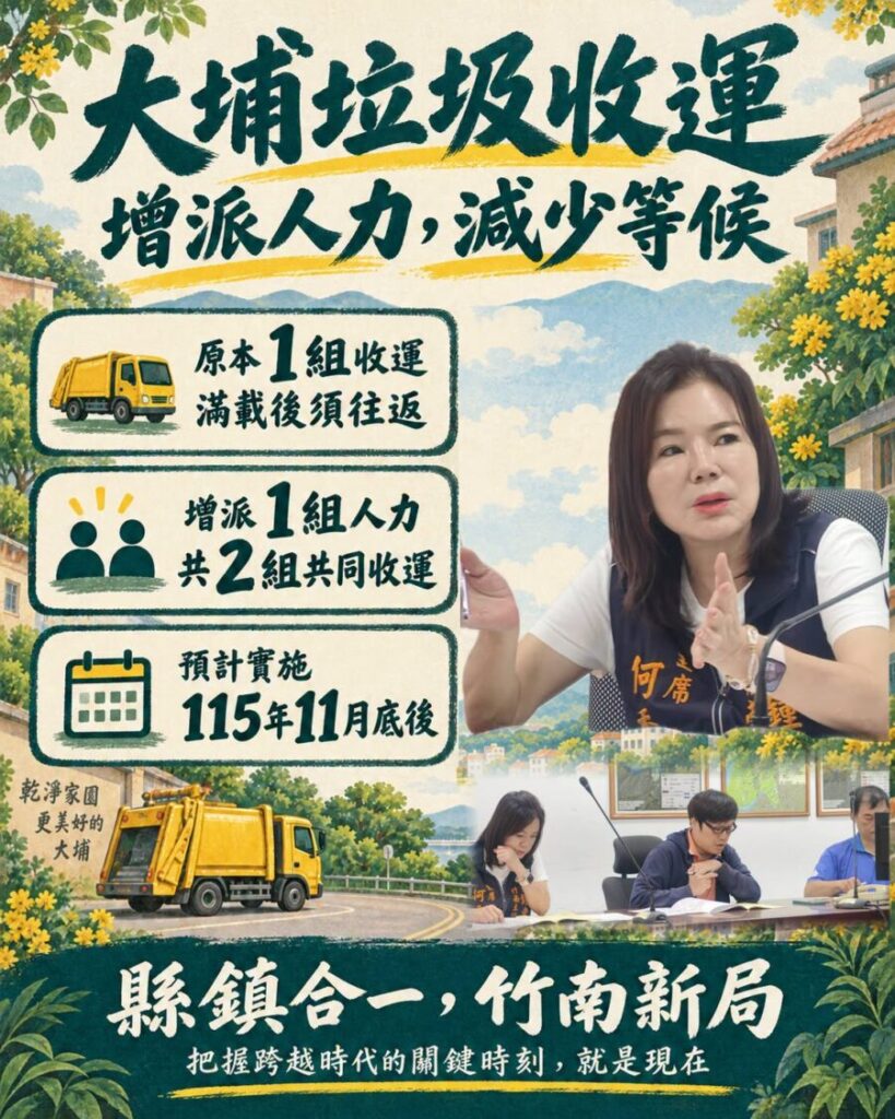 竹南鎮代會主席何秀綿爭取增派垃圾車清運人力，減少民眾久候也降低清潔隊負擔。（圖／何秀綿粉專）