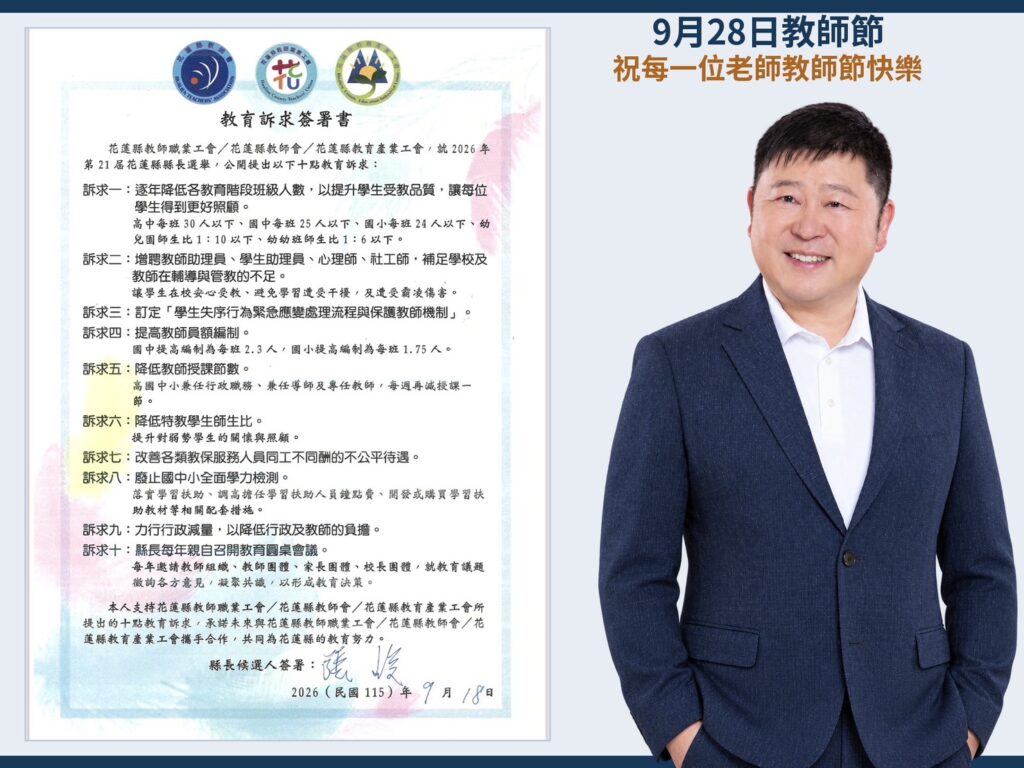 教師節到來，花蓮縣長參選人張峻簽署支持花蓮縣教師職業工會、花蓮縣教師會及花蓮縣教育產業工會提出的十大教育訴求，聚焦教師員額、特教及心理專業人力、教師保護與行政減量等議題。（圖／記者 趙靜姸翻攝）