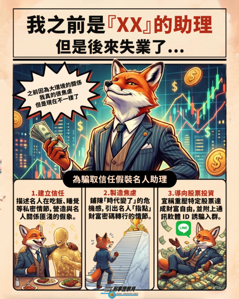 刑事局宣導近期常見的「名人隨行日記」引流詐騙模式。（圖／刑事局）