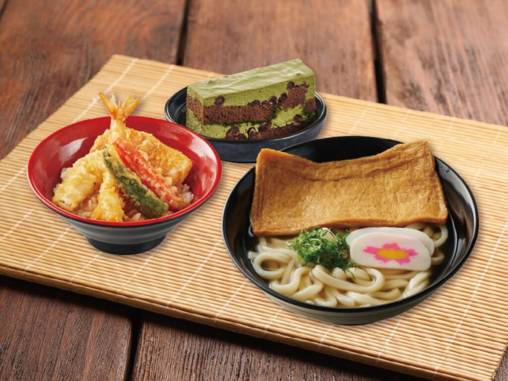 「滿腹幸福套餐」,結合豆皮烏龍麵、迷你天丼及甜點,讓消費者一次品嚐麵食、丼飯與日式料理的多元風味。(圖/業者提供)