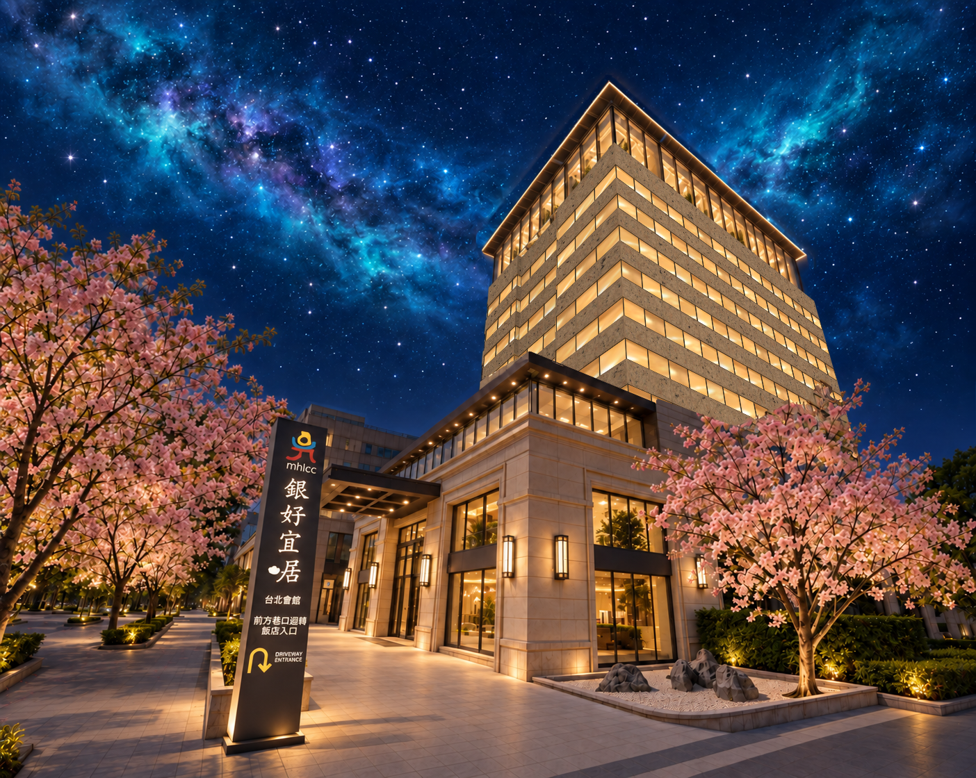 銀好宜崌台北旗艦會館建築夜景示意，展現都市型醫養康場域規劃，串聯旅居、健康管理與智慧照護服務。（示意圖/銀好宜崌提供）